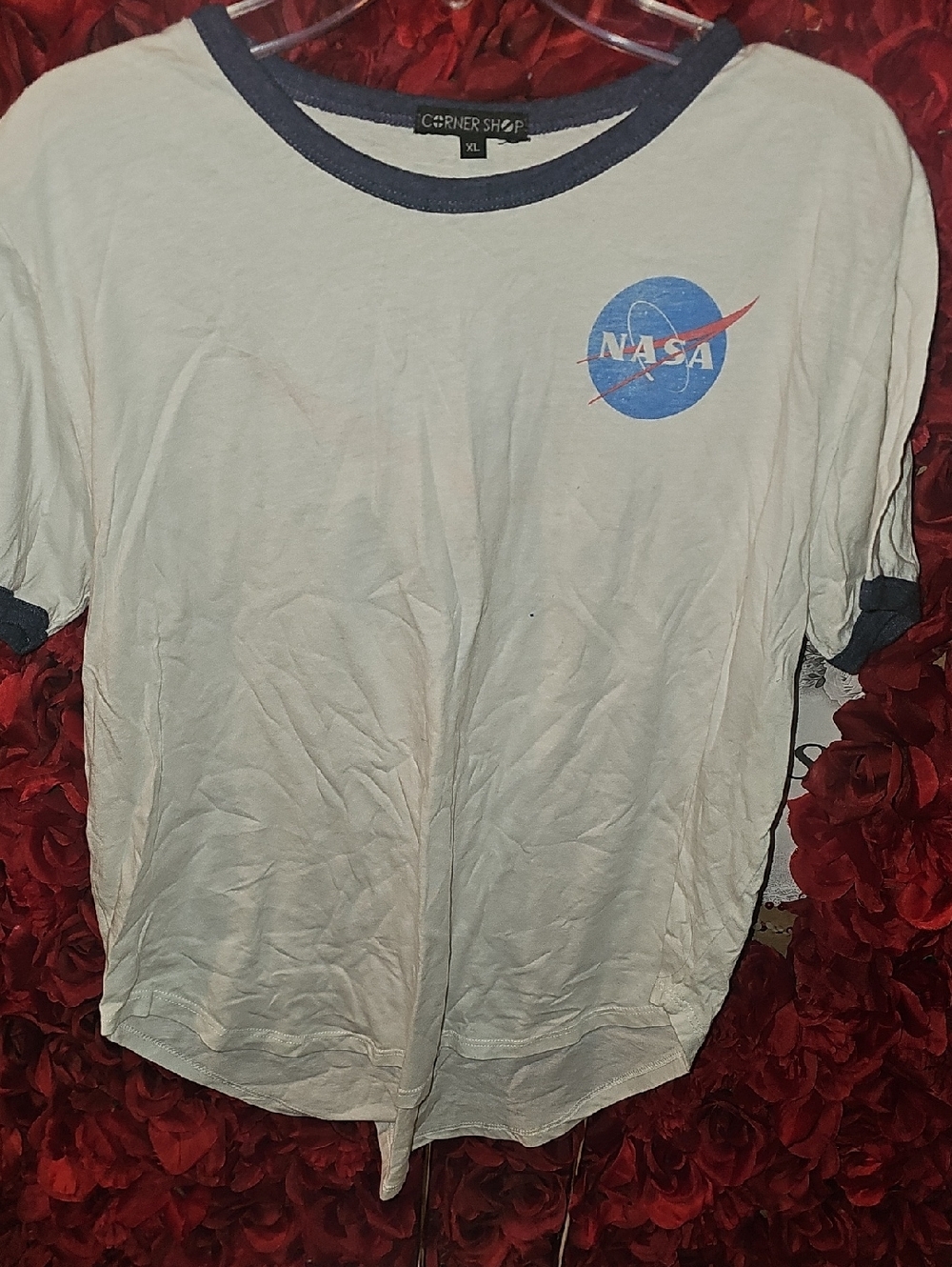 Corner Shop Women's NASA Logo Ringer H/L Tee in White with Blue Trim Size Xlarge